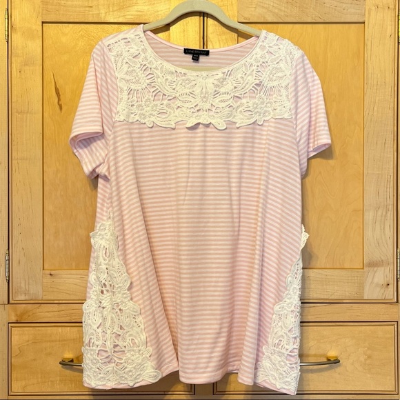 Lane Bryant size 18 pink & white lace stripe T-shirt 96% polyester 4% spandex - Picture 1 of 7